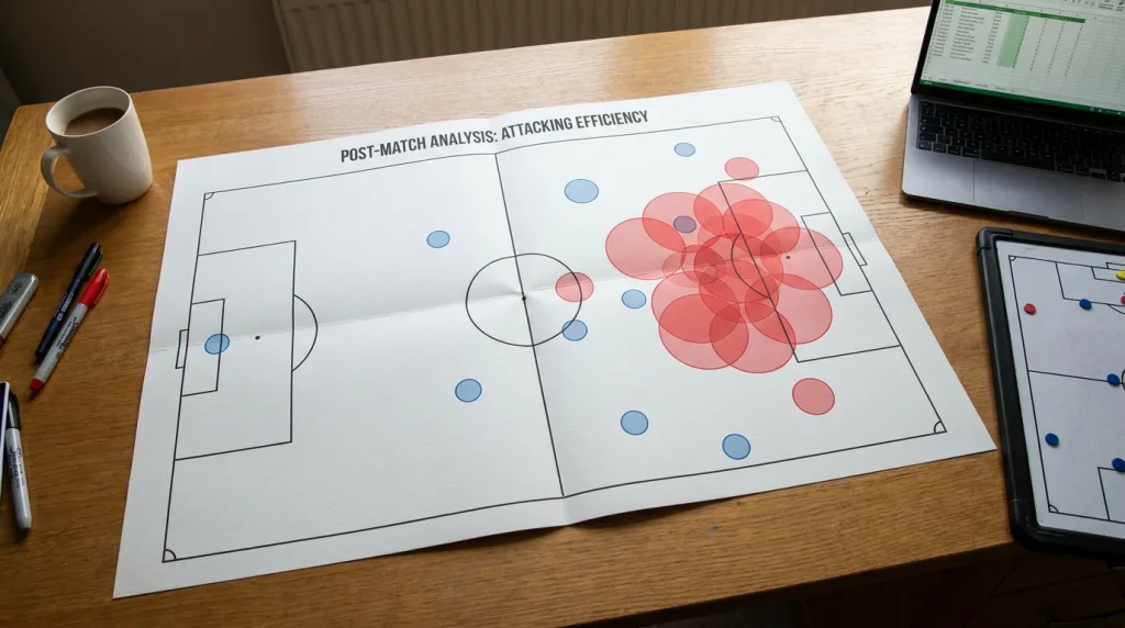 Football pitch map showing shot locations colour-coded by xG value