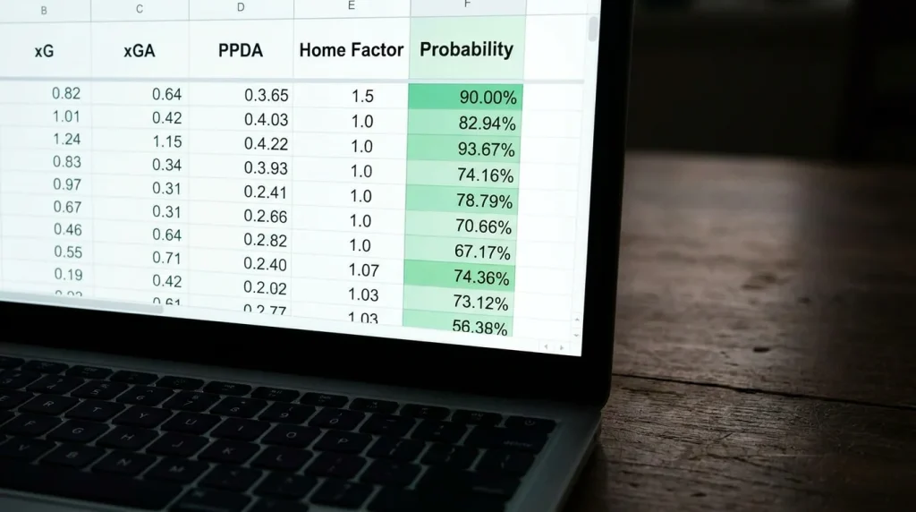 Punter building a football betting model on a spreadsheet with four core metric inputs