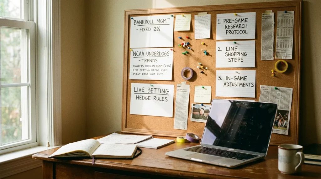 Handwritten betting strategy rules pinned above a desk workspace