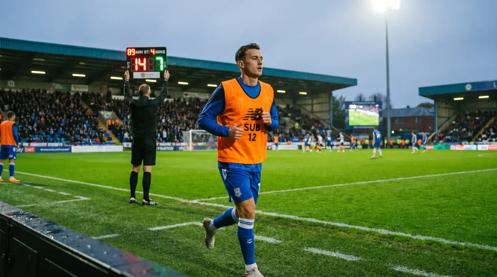 Substitute forward warming up on the sideline before entering a football match