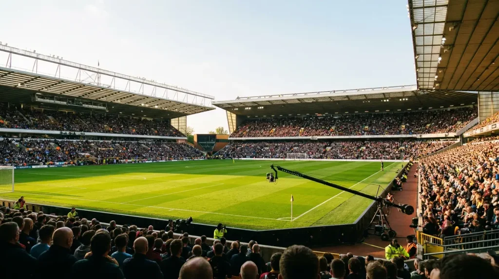 Premier League stadium during Sunday afternoon fixture with broadcast cameras