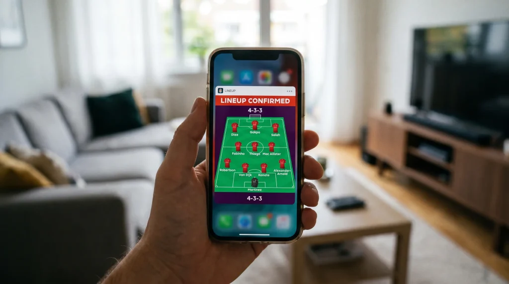 Mobile phone showing confirmed team news before Saturday kick-off