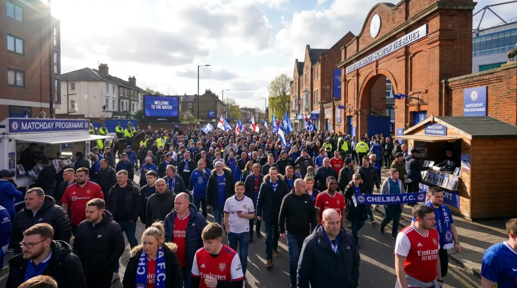 Football supporters heading to a Premier League ground on a Saturday afternoon