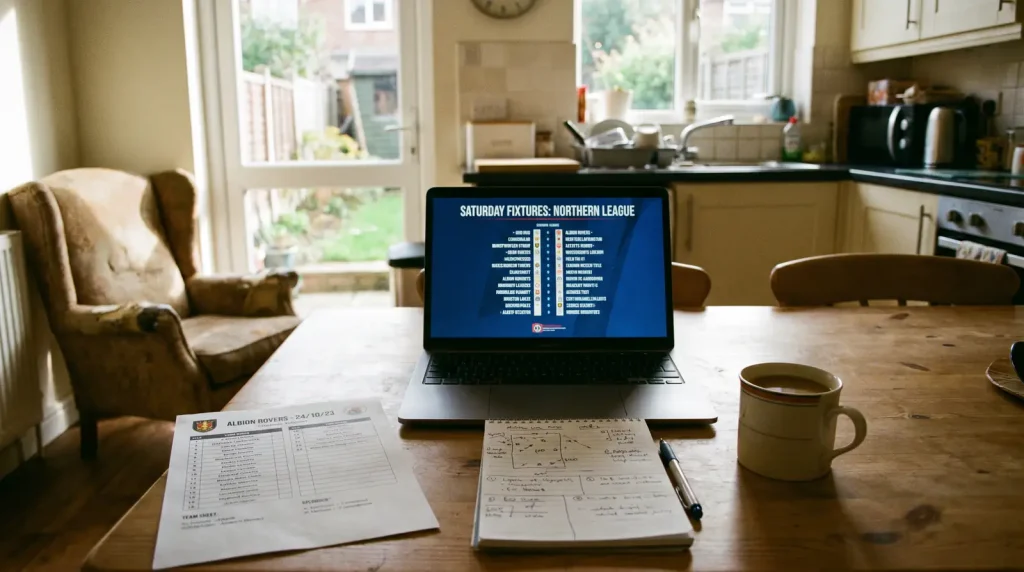 Saturday morning football accumulator workflow with fixture list and laptop on a kitchen table