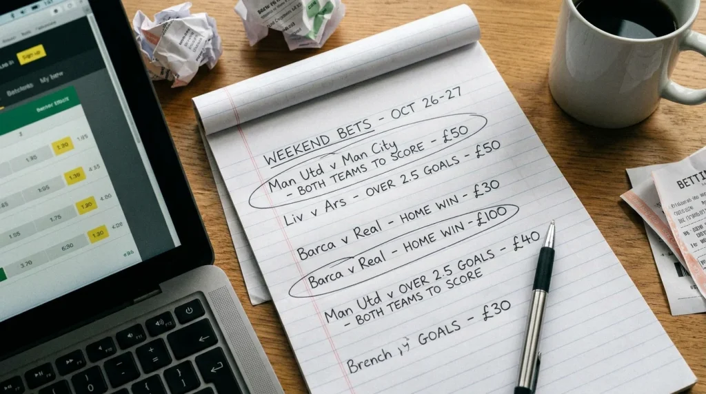 Weekend coupon staking allocation written on notepad beside laptop