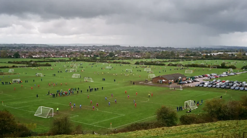 Saturday afternoon football scene with multiple pitch action across English leagues