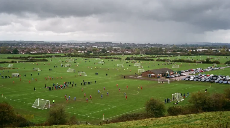 Saturday afternoon football scene with multiple pitch action across English leagues