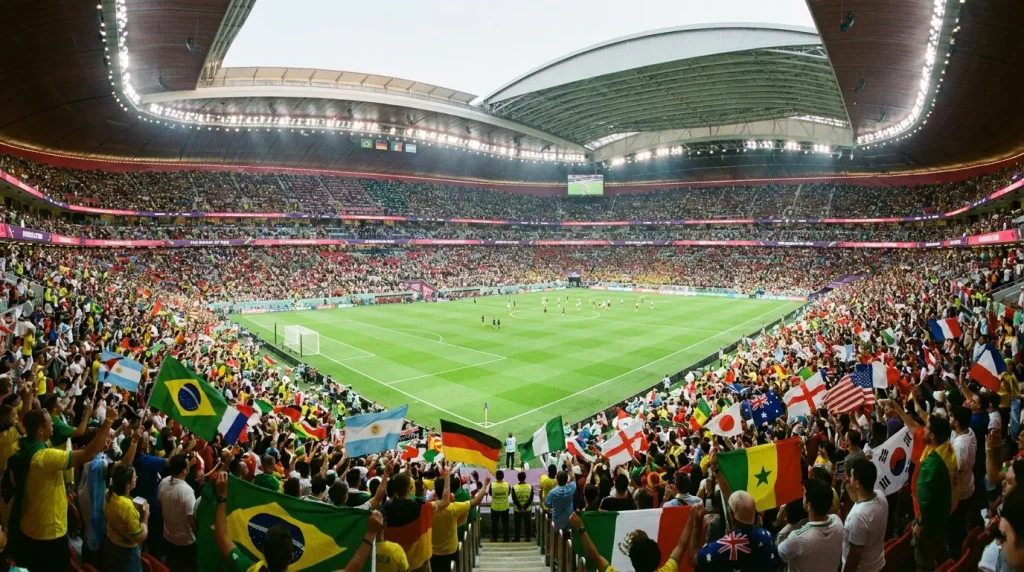 Packed international football stadium with national flags ahead of a World Cup match