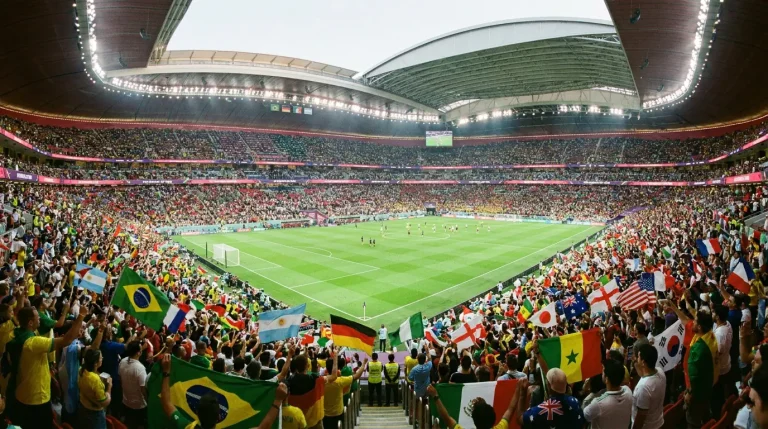 Packed international football stadium with national flags ahead of a World Cup match