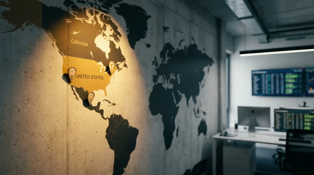 World map highlighting the three host nations for the 2026 World Cup