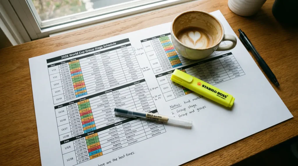 Printed World Cup group stage fixture schedule with match dates and venues