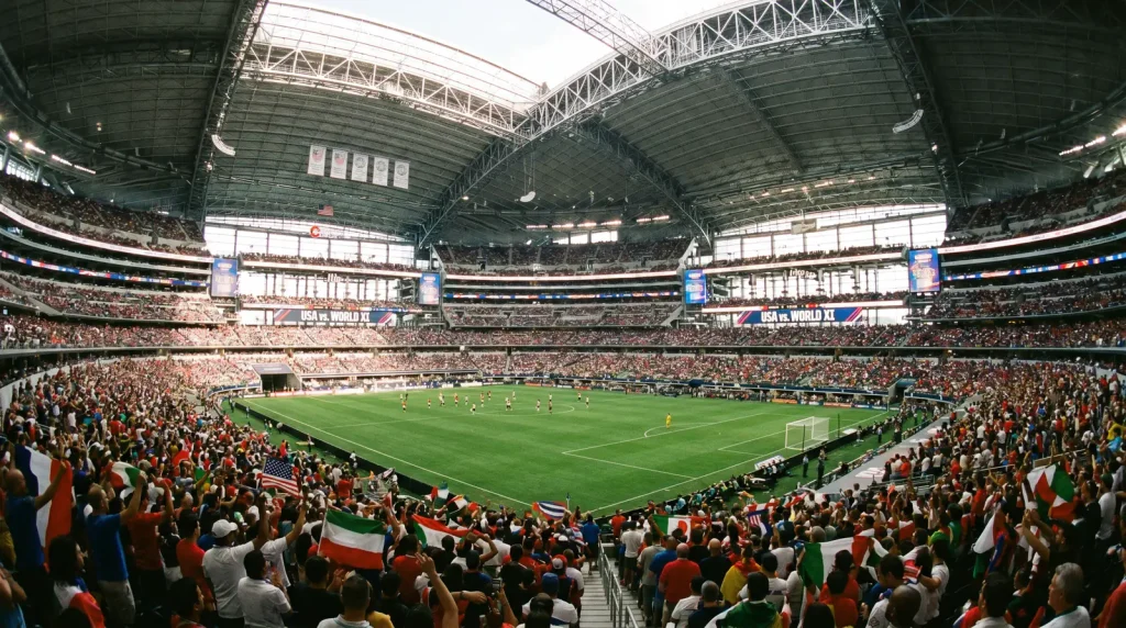 Large American football stadium converted for World Cup use with international crowds