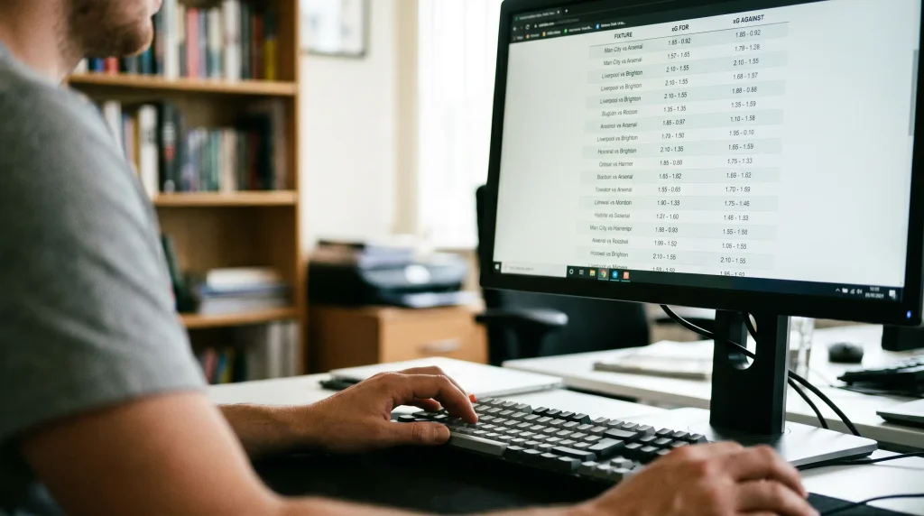 Football analyst reviewing expected goals data on computer screen