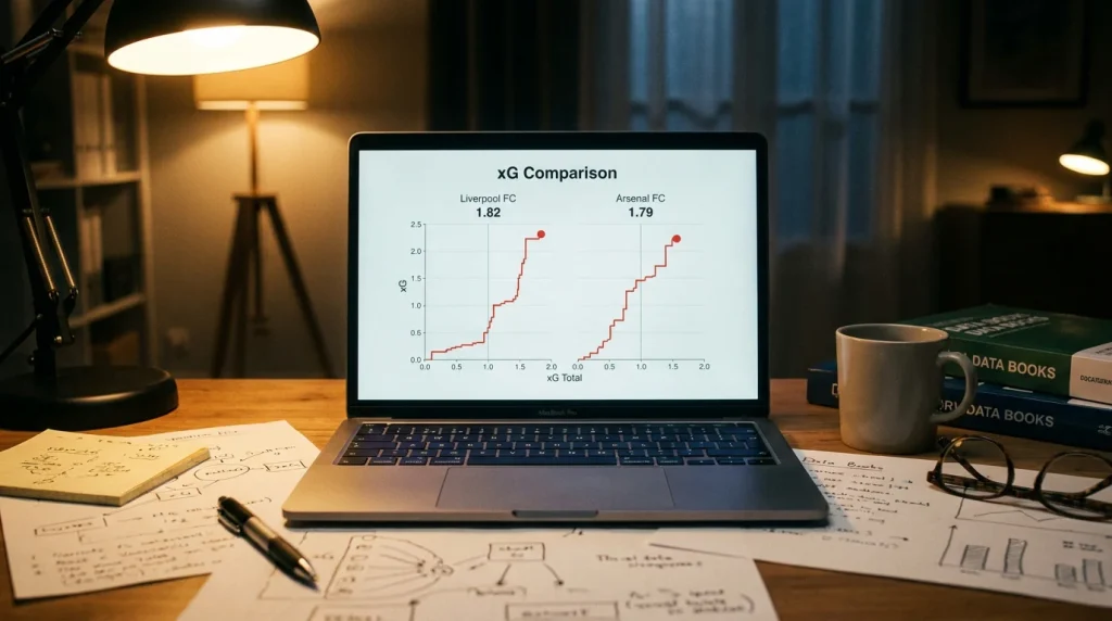 Analyst reviewing xG differential data on a laptop for draw prediction research