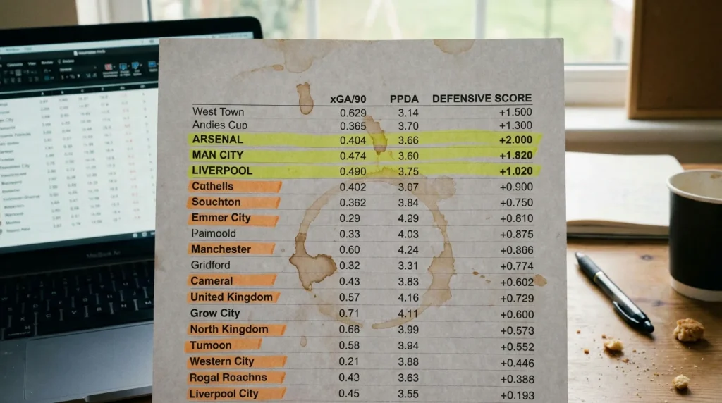 Table comparing teams by expected goals against and defensive pressing intensity